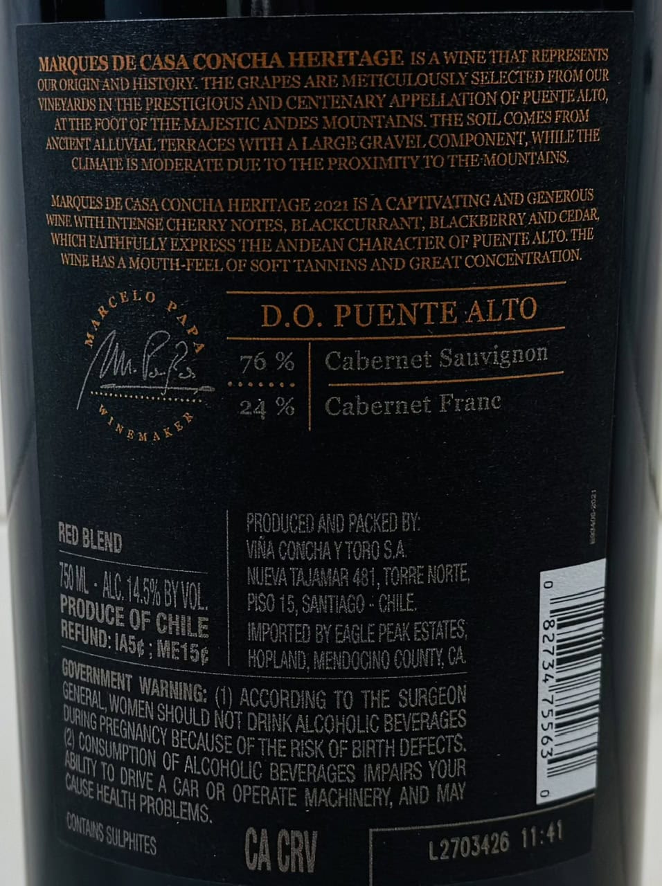 2021 Marques De Casa Concha Heritage Puente Alto Red Blend