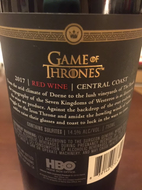 2017 Game of Thrones Red Wine
