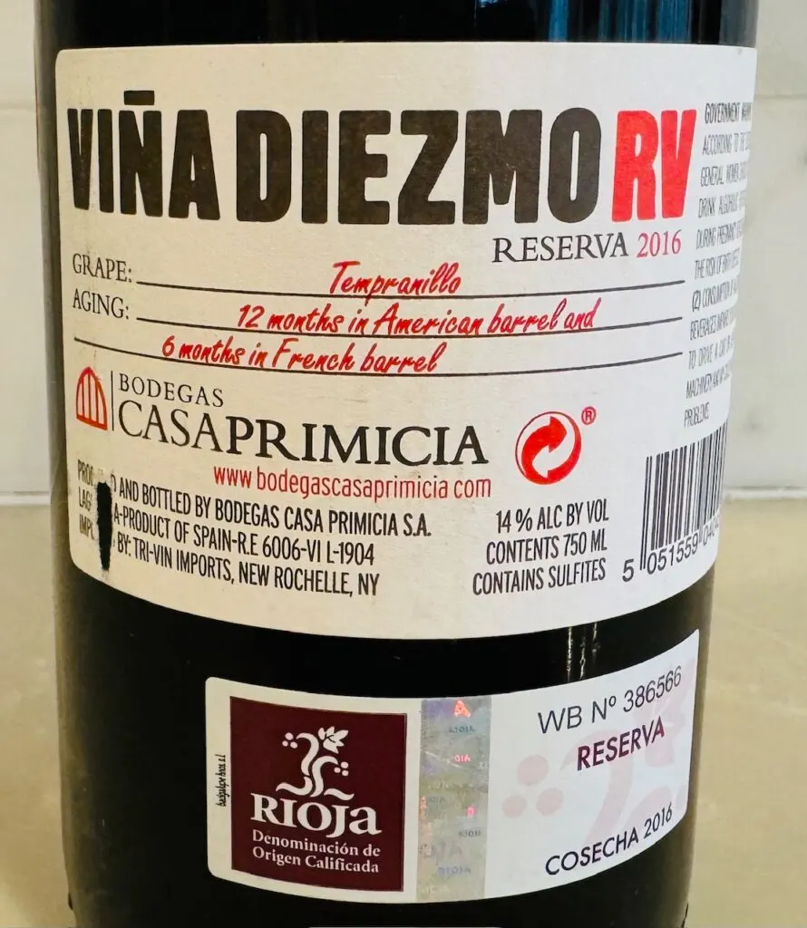 2016 Bodegas Casa Primicia Vina Diezmo RV Reserva Rioja